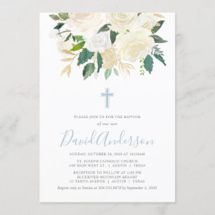 Convite Dusty Blue Cross com Cream Florals, Boy Baptism