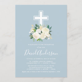 Convite Dusty Blue Cross com Cream Florals, Menino Batismo