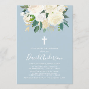 Convite Dusty Blue Cross com Cream Florals, Menino Batismo