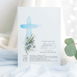 Convite Dusty Blue Cross e Sage Greenerant Baptism Elegant