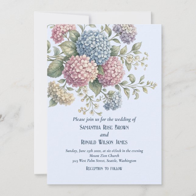 Convite Dusty Blue Delicate Hydrangea Flowers Wedding (Frente)
