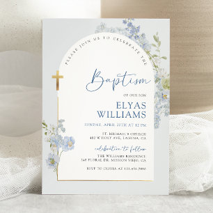 Convite Dusty Blue Delphinium Floral Arranhe Baptism