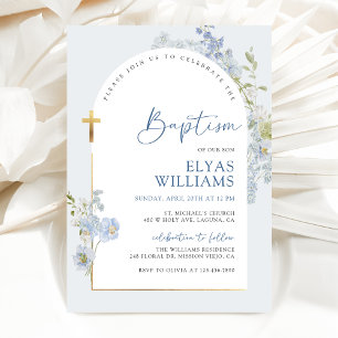 Convite Dusty Blue Delphinium Floral Arranhe Baptism