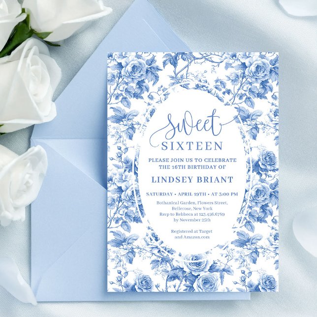 Convite Dusty Blue Digital Floral Sweet 16 Birthday Card (Dusty Blue Digital Floral Sweet 16 Birthday Card)
