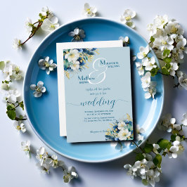 Convite Dusty Blue Dourado Casamento Floral