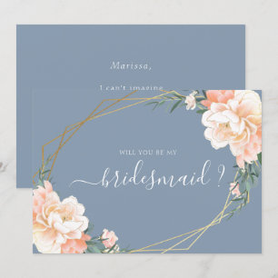 Convite Dusty Blue Dourado Floral Você Será Minha Porta-
