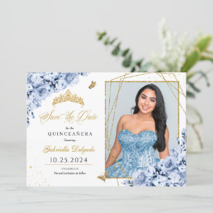 Convite Dusty Blue & Dourado Quinceañera Salve A Foto Da D