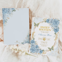 Convite Dusty Blue Dourado Rosas Doce Dezesseis Aniversári