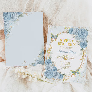 Convite Dusty Blue Dourado Rosas Doce Dezesseis Aniversári