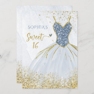 Convite Dusty Blue Dourado Sparkle Dress 16 anos