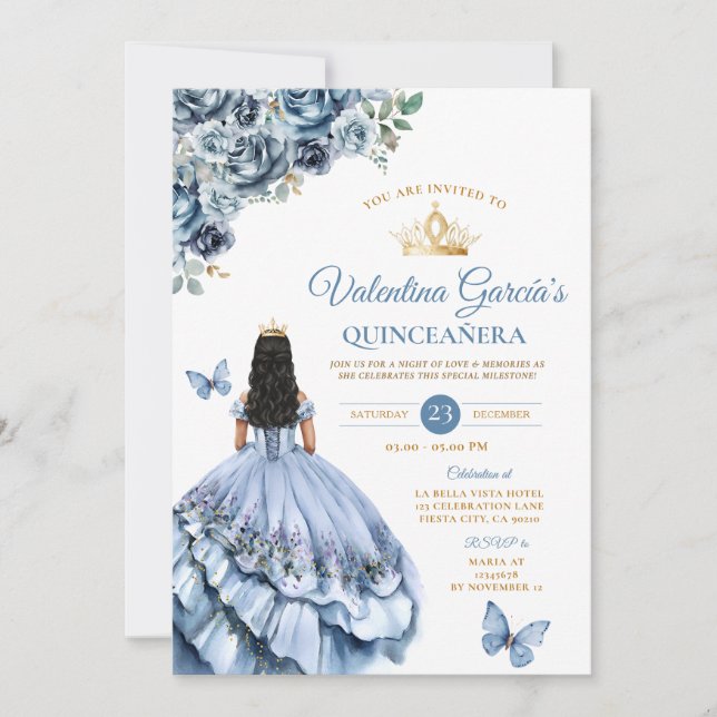 Convite Dusty Blue Dress Quinceañera 15 Anos Flores Dourad (Frente)