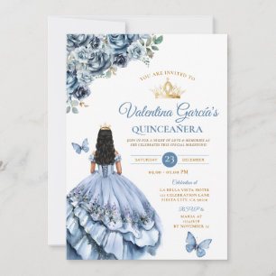 Convite Dusty Blue Dress Quinceañera 15 Anos Flores Dourad