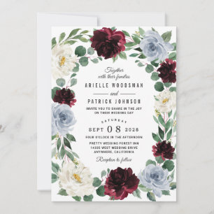 Convite Dusty Blue e Burgundy - Casamento outono de amora