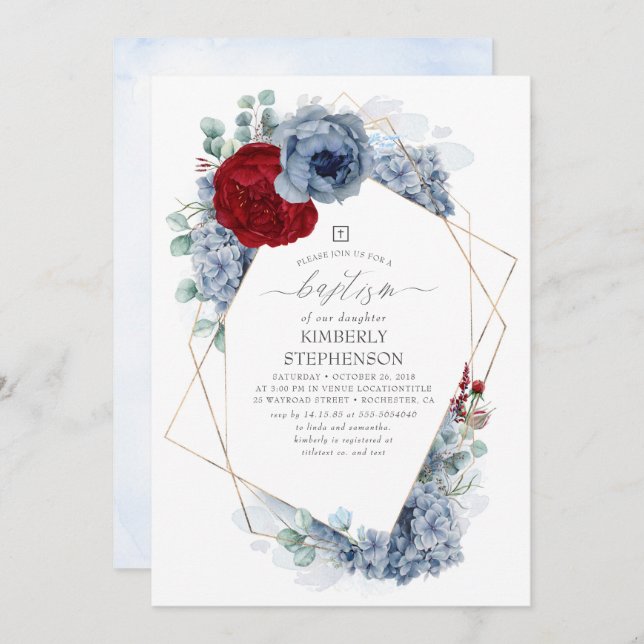 Convite Dusty Blue e Burgundy Red Floral Baptism (Frente/Verso)