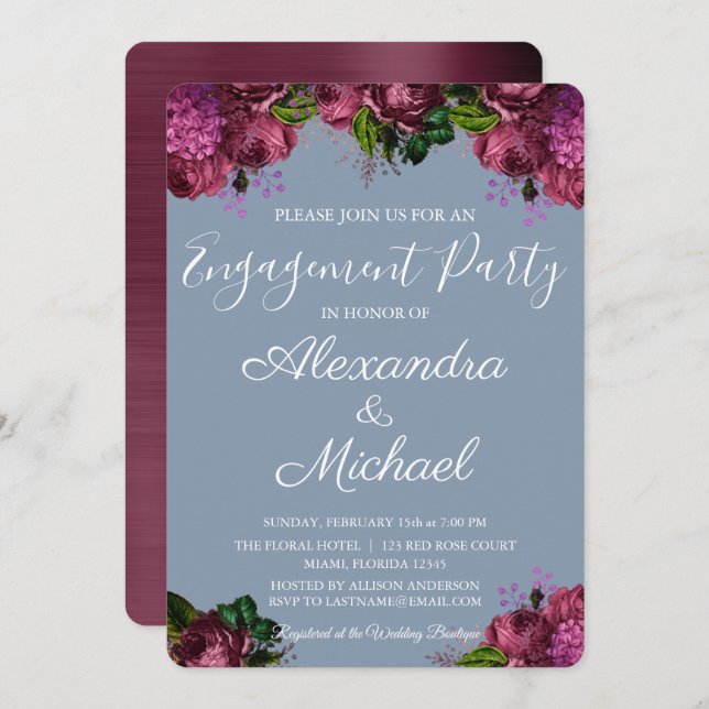 Convite Dusty Blue e Cranberry Burgundy Festa de noivado (Frente/Verso)