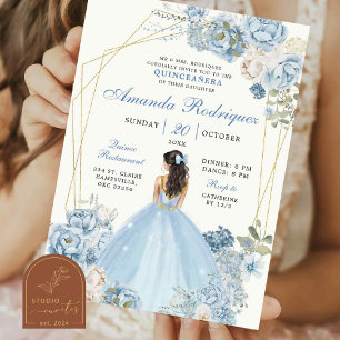 Convite Dusty Blue e Dourada Coroa Real Princesa Mexicana