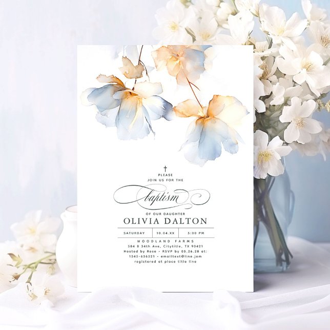 Convite Dusty Blue e Dourado Batismo Elegante Elegante (Dusty Blue Flowers Elegant Baptism Invitations)