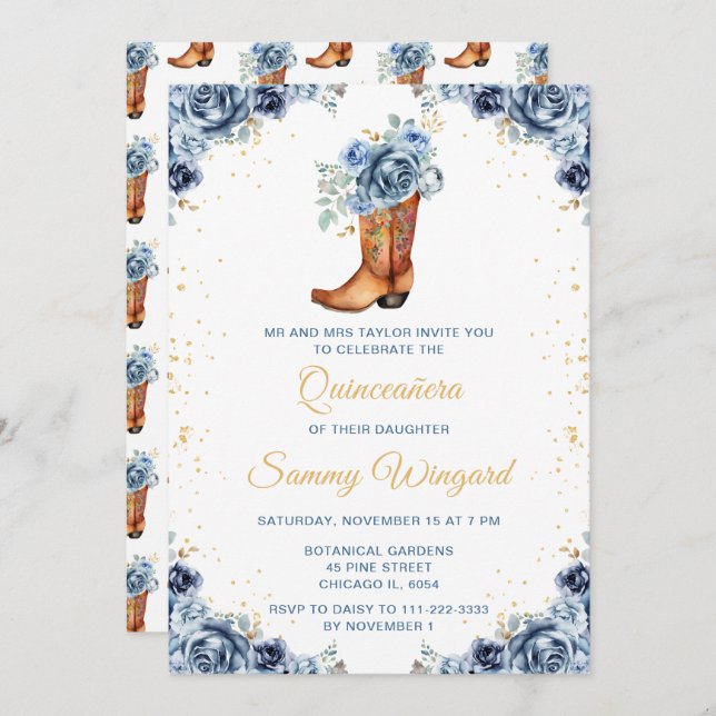 Convite Dusty Blue e Dourado Boot Floral Quinceañera (Frente/Verso)