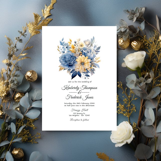 Convite Dusty Blue e Dourado Casamento Floral (Dusty Blue and Gold Floral Wedding Invitation)