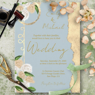 Convite Dusty Blue e Dourado Casamento Floral de Boho Russ