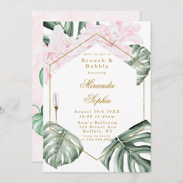 Convite Dusty Blue e Dourados Berry Brunch e Bubbles Invit (Frente/Verso)