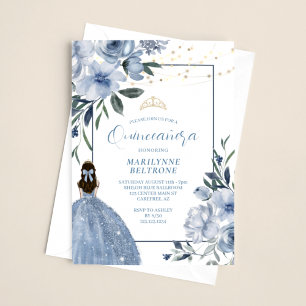Convite Dusty Blue e Floral Dourado Quinceañera