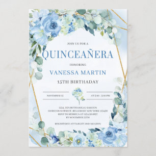 Convite Dusty Blue e Frame Geométrico Dourado Quinceanera