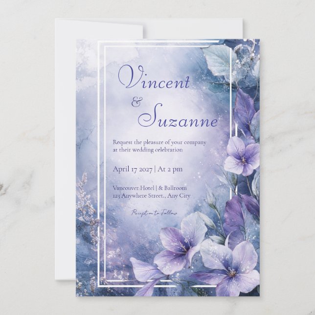 Convite Dusty Blue e Lavanda Floral Casamento (Frente)