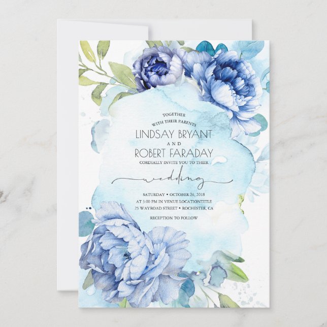 Convite Dusty Blue e Marinho Blue Floral Boho Weding (Frente)