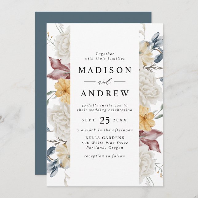 Convite Dusty Blue e Mauve Wildflower Meadow Wedding (Frente/Verso)