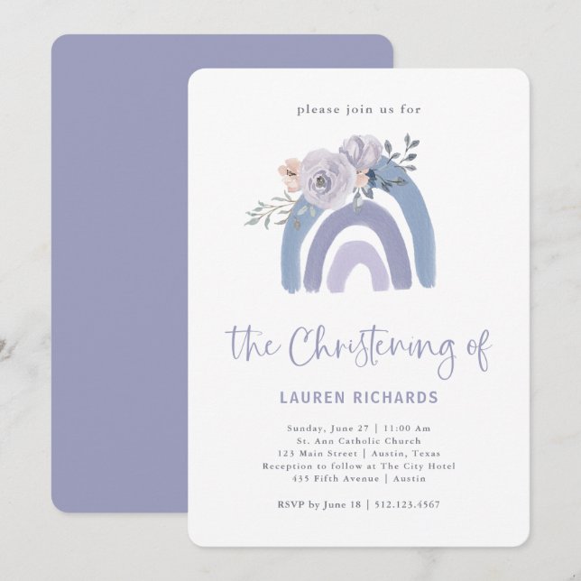 Convite Dusty Blue e Purple Boho | Rainbow Christening (Frente/Verso)