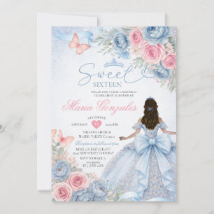 Convite Dusty Blue e Rosa Floral Princesa Sweet Sixteen