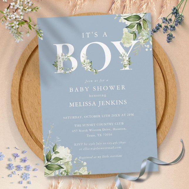 Convite Dusty Blue É Um Chá de fraldas De Letra Verde Meni (Dusty Blue Its A Boy Greenery Letter Baby Shower Invitation)