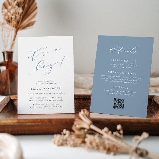 Convite Dusty Blue "É um menino" Tudo em um Chá de fraldas (Criador carregado)