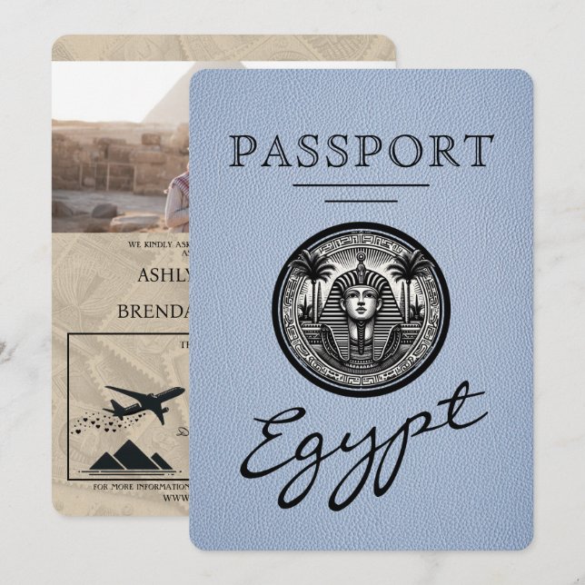 Convite Dusty Blue Egypt Passport Wedding Invitation (Frente/Verso)