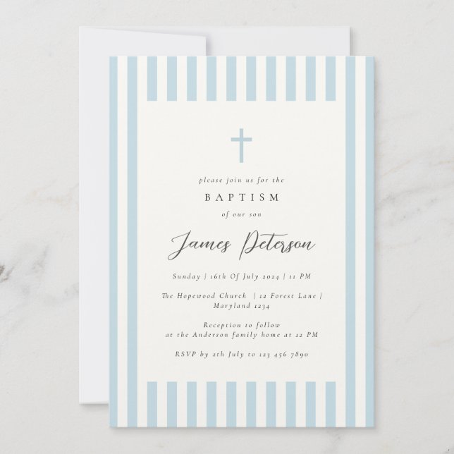 Convite Dusty Blue Elegant Baptism Boy (Frente)