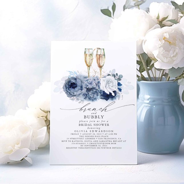 Convite Dusty Blue Elegant Brunch e Chá de panela (Dusty Blue Floral Bridal Shower Invitations Brunch and Bubbly)
