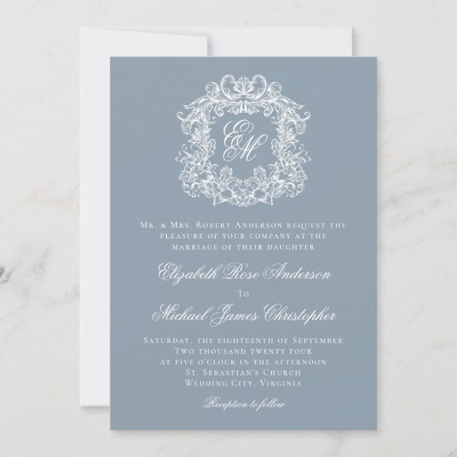 Convite Dusty Blue Elegant Monogram Crest Wedding (Frente)