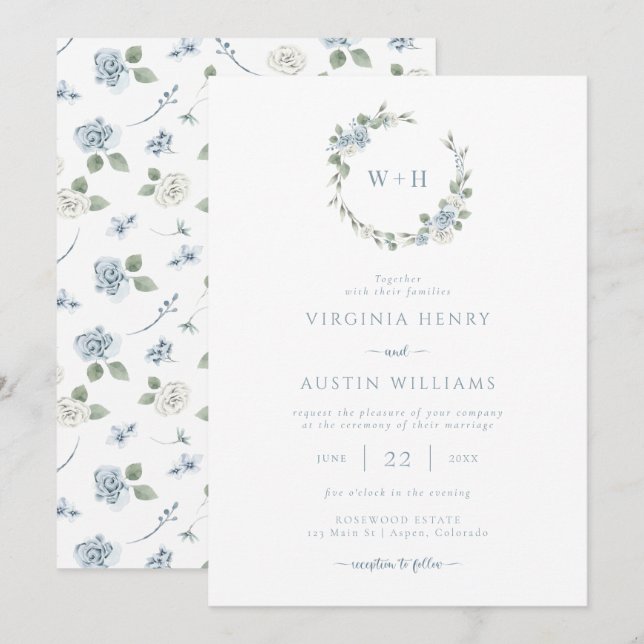 Convite Dusty Blue Elegant Wedding (Frente/Verso)