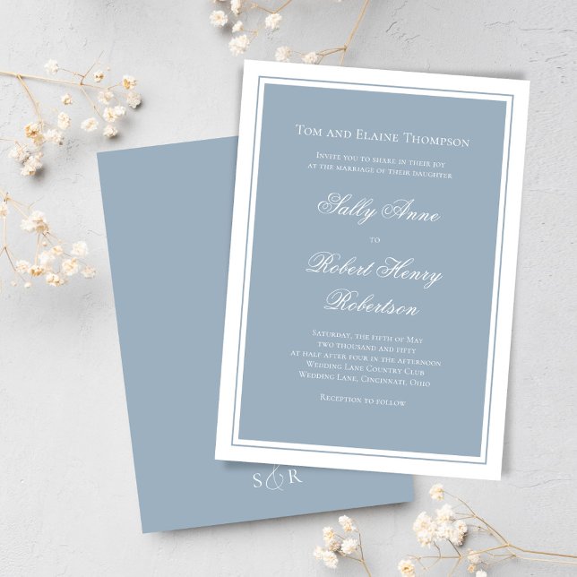 Convite Dusty Blue Elegant Wedding Calligraphy Script  (Classic and elegant dusty blue wedding invitations)