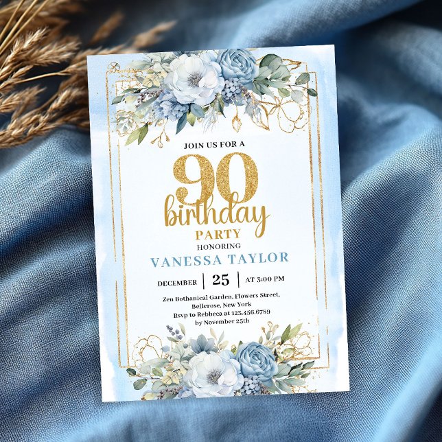 Convite Dusty Blue Eucalyptus 90th Birthday Elegant Invite (Dusty Blue Eucalyptus 90th Birthday Elegant Invitation Gold Frame)