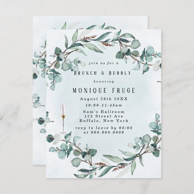 Convite Dusty Blue Eucalyptus Greenery Brunch e Bubble (Frente/Verso)