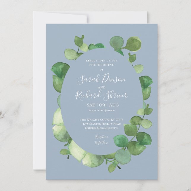 Convite Dusty Blue Eucalyptus Greenery Casamento Floral (Frente)