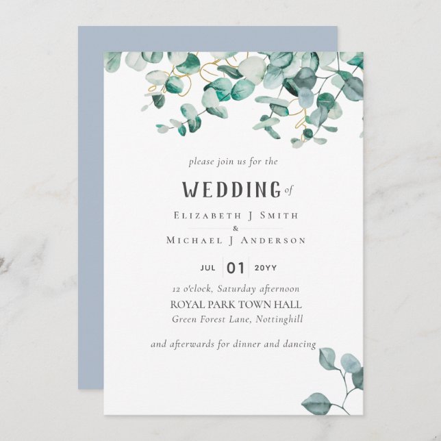 Convite Dusty Blue Eucalyptus Greenery WEDDING (Frente/Verso)