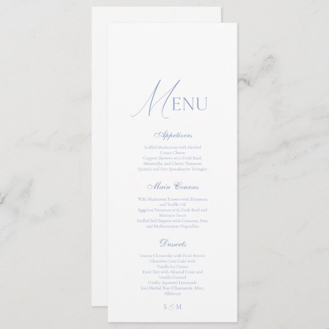 Convite Dusty Blue Fine Art Elegant Wedding Menu Card (Frente/Verso)