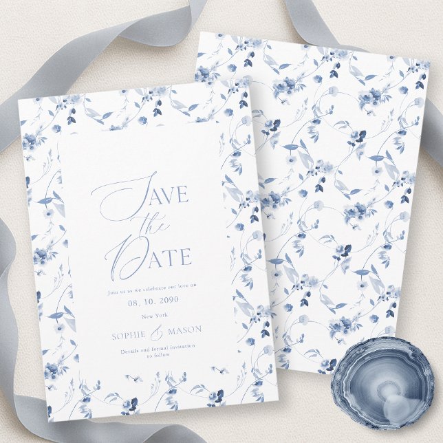 Convite Dusty Blue Fine Art Floral Save the Date Card (Criador carregado)