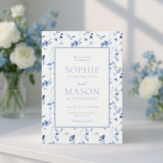 Convite Dusty Blue Fine Art Floral Wedding Invitation (Criador carregado)