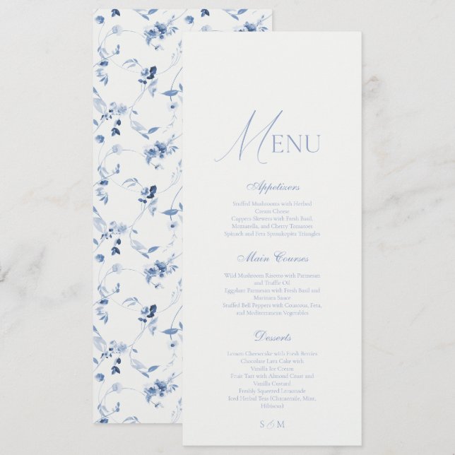 Convite Dusty Blue Fine Art Floral Wedding Menu  (Frente/Verso)