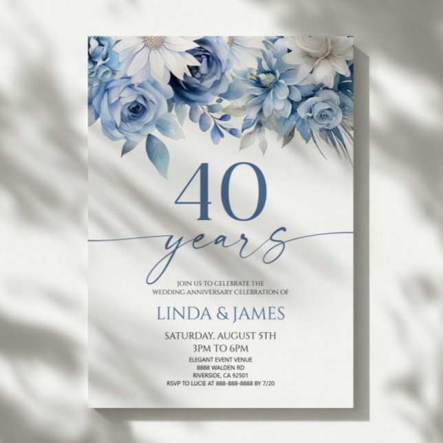 Convite Dusty Blue Floral 40th Wedding Anniversary (Criador carregado)