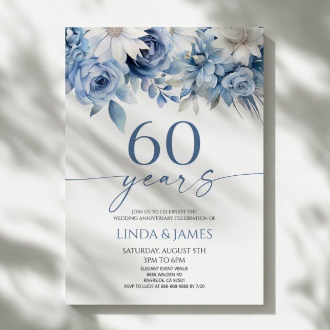 Convite Dusty Blue Floral 60th Wedding Anniversary (Criador carregado)